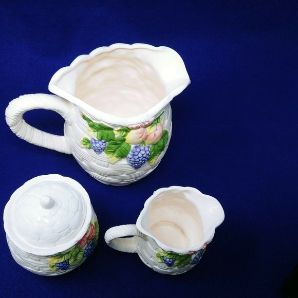 Pitcher Sugar Creamer Set Basket Weave Fruit Pattern Interpur Int'l Ceramic - Picture 6 of 11